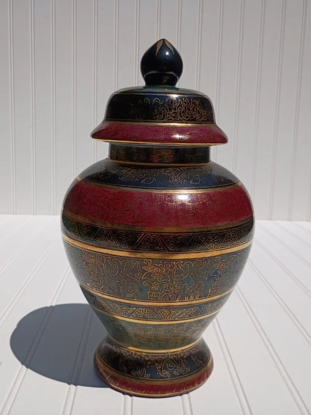 Vintage Andrea by Sadek Porcelain Ginger Jar Lidded Vase Maroon Stripe Gold Gilt